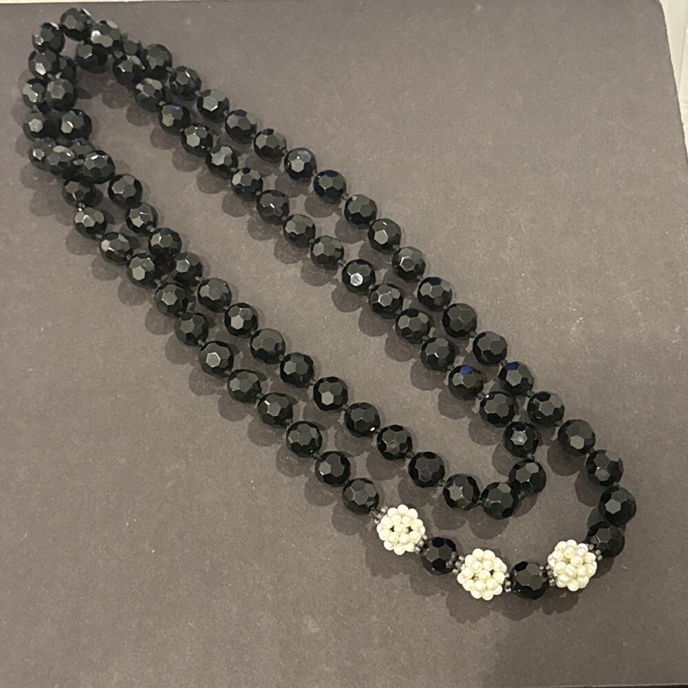 VTG MCM Black Faceted Glass Bead & Faux Pearl Cluster Necklace 50” Hand Knotted